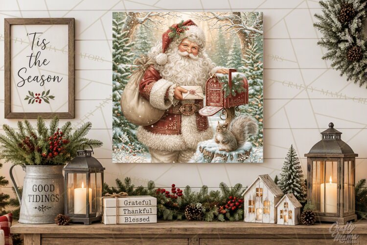Santa Woodland Christmas Scenes, Vintage Santa Forest PNG example image 1