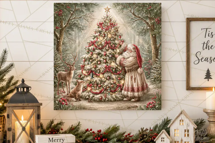 Santa Woodland Christmas Scenes, Vintage Santa Forest PNG