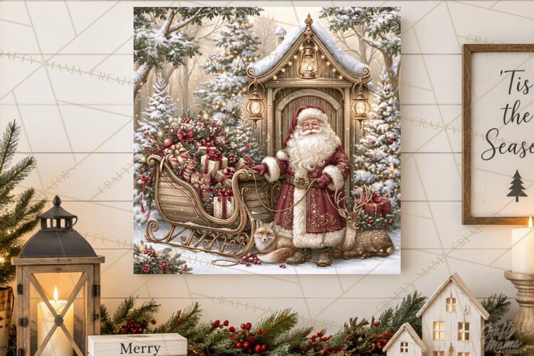 Santa Woodland Christmas Scenes, Vintage Santa Forest PNG example image 1