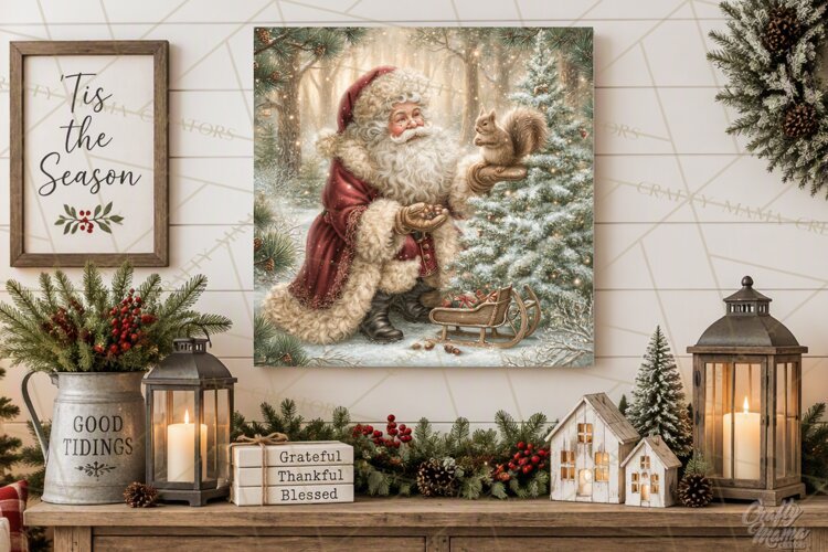 Santa Woodland Christmas Scenes, Vintage Santa Forest PNG example image 1