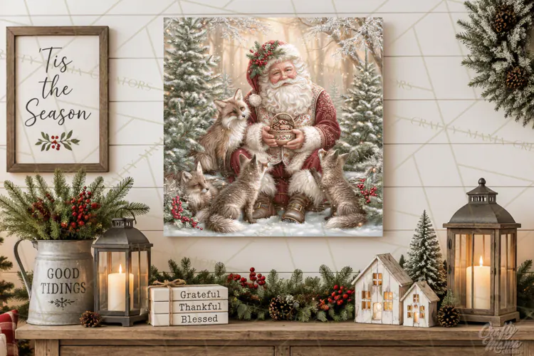 Santa Woodland Christmas Scenes, Vintage Santa Forest PNG