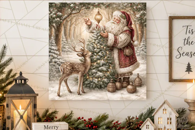 Santa Woodland Christmas Scenes, Vintage Santa Forest PNG