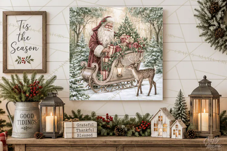 Santa Woodland Christmas Scenes, Vintage Santa Forest PNG