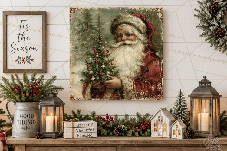 Vintage Santa Christmas Signs PNG, Nostalgic Winter Village