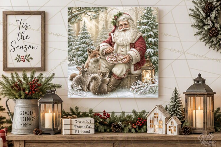 Santa Woodland Christmas Scenes, Vintage Santa Forest PNG example image 1