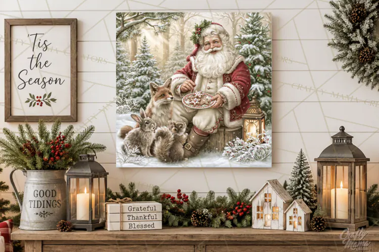 Santa Woodland Christmas Scenes, Vintage Santa Forest PNG