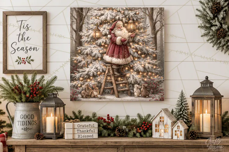 Santa Woodland Christmas Scenes, Vintage Santa Forest PNG