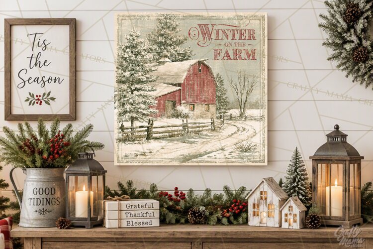 Snowy Farmhouse Winter Decor, Rustic Winter Signs PNG example image 1