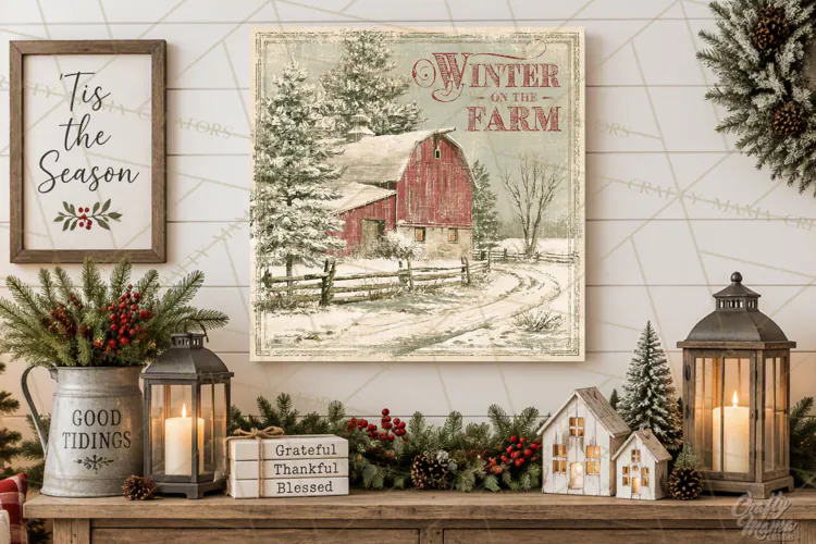 Snowy Farmhouse Winter Decor, Rustic Winter Signs PNG