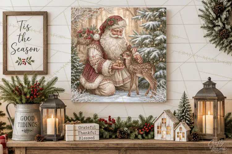 Santa Woodland Christmas Scenes, Vintage Santa Forest PNG