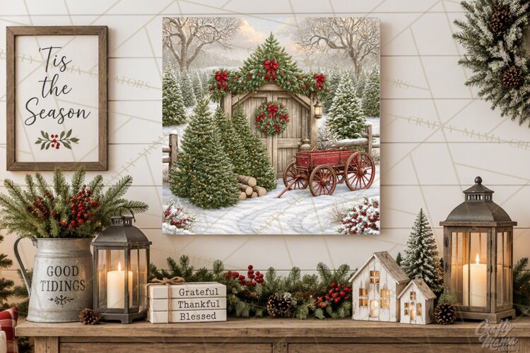 Christmas Farm Scene Sublimation, Vintage Farmhouse Png example image 1