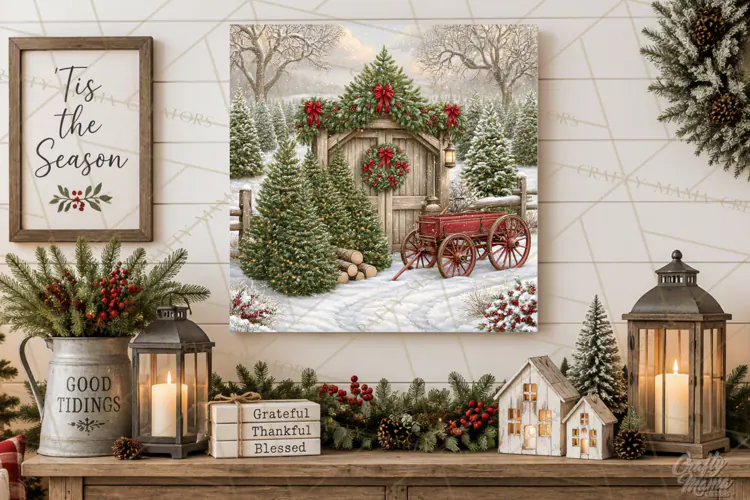 Christmas Farm Scene Sublimation, Vintage Farmhouse Png