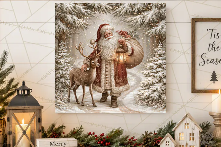 Santa Woodland Christmas Scenes, Vintage Santa Forest PNG