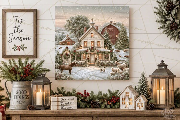 Christmas Farm Scene Sublimation, Vintage Farmhouse Png example image 1