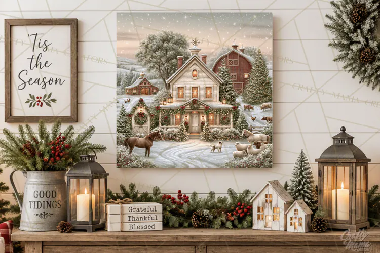 Christmas Farm Scene Sublimation, Vintage Farmhouse Png