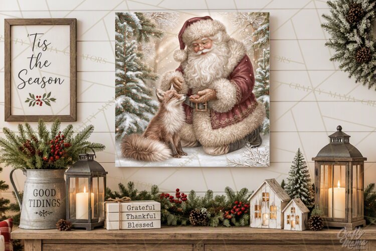 Santa Woodland Christmas Scenes, Vintage Santa Forest PNG example image 1