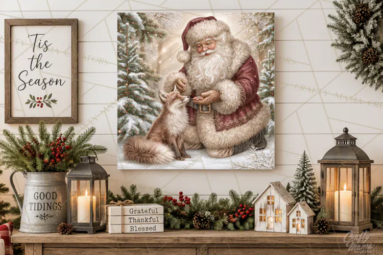 Santa Woodland Christmas Scenes, Vintage Santa Forest PNG