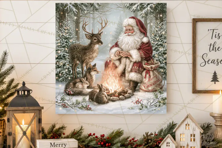 Santa Woodland Christmas Scenes, Vintage Santa Forest PNG