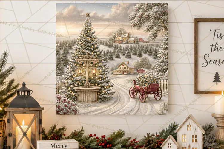 Christmas Farm Scene Sublimation, Vintage Farmhouse Png