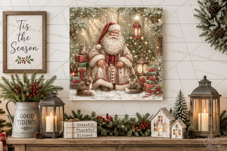 Santa Woodland Christmas Scenes, Vintage Santa Forest PNG