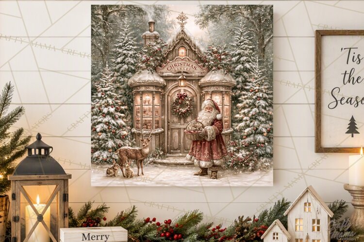 Santa Woodland Christmas Scenes, Vintage Santa Forest PNG example image 1