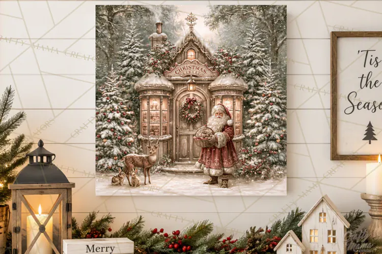 Santa Woodland Christmas Scenes, Vintage Santa Forest PNG