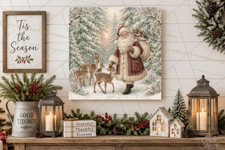 Santa Woodland Christmas Scenes, Vintage Santa Forest PNG example image 1
