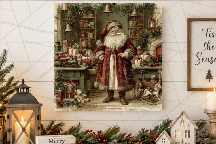Vintage Santa Christmas Signs PNG, Nostalgic Winter Village