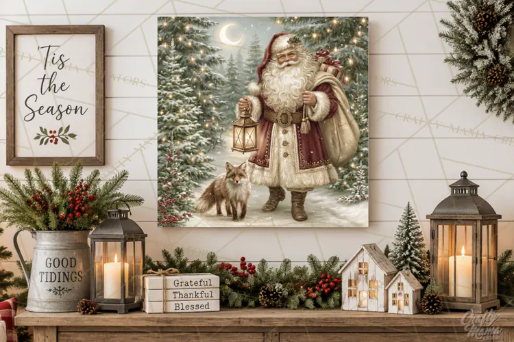 Santa Woodland Christmas Scenes, Vintage Santa Forest PNG