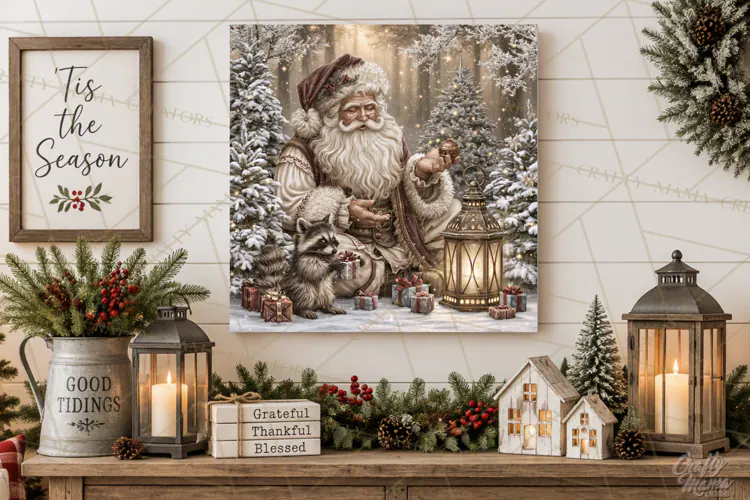 Santa Woodland Christmas Scenes, Vintage Santa Forest PNG