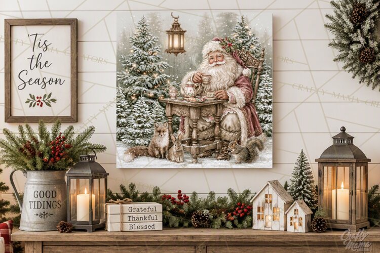 Santa Woodland Christmas Scenes, Vintage Santa Forest PNG example image 1