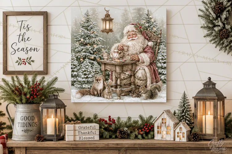 Santa Woodland Christmas Scenes, Vintage Santa Forest PNG