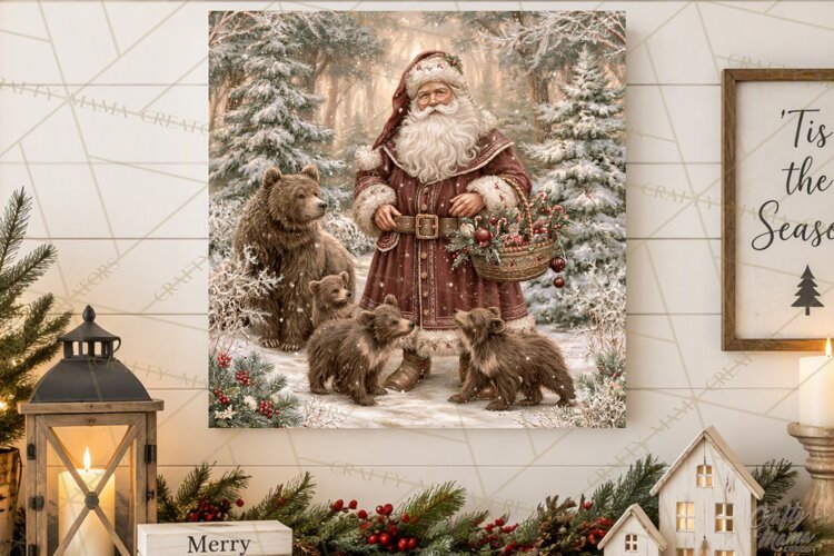 Santa Woodland Christmas Scenes, Vintage Santa Forest PNG example image 1