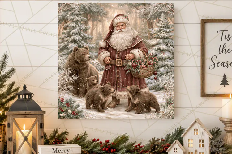 Santa Woodland Christmas Scenes, Vintage Santa Forest PNG