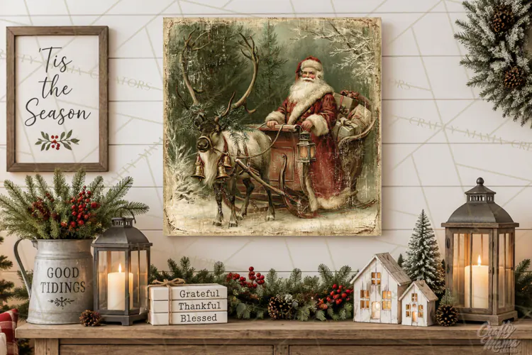 Vintage Santa Christmas Signs PNG, Nostalgic Winter Village
