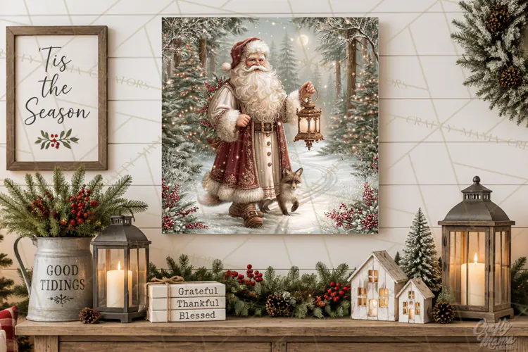 Santa Woodland Christmas Scenes, Vintage Santa Forest PNG