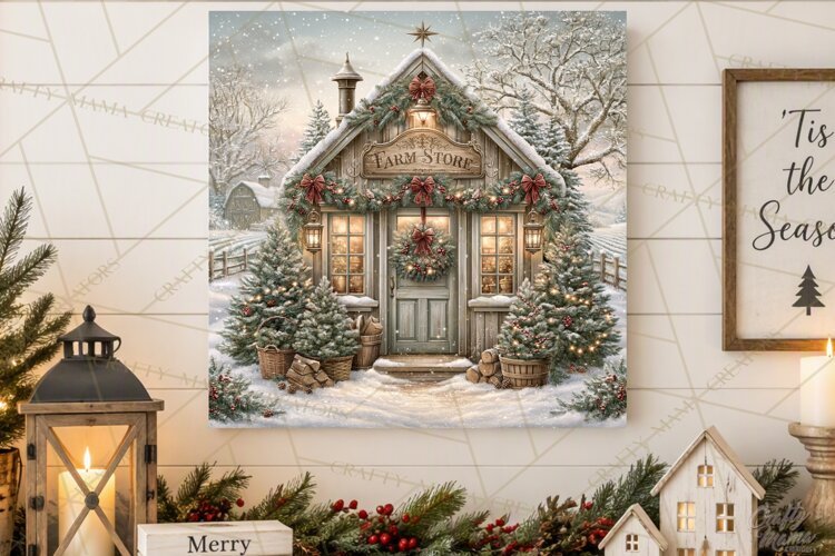 Christmas Farm Scene Sublimation, Vintage Farmhouse Png example image 1