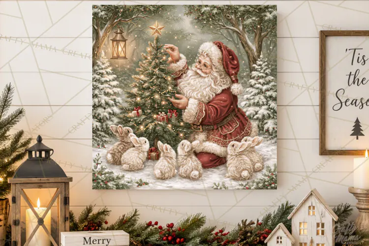Santa Woodland Christmas Scenes, Vintage Santa Forest PNG