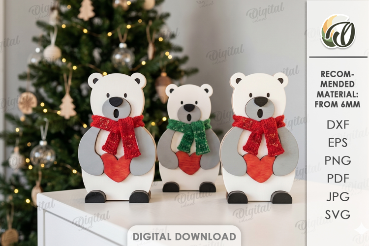 Christmas Singing Polar Bears Laser Cut. Standing Decor SVG