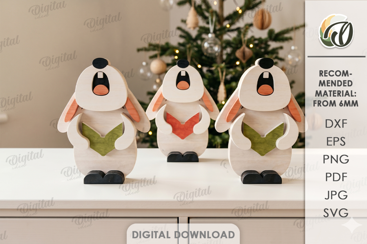 Christmas Singing Bunnies Laser Cut. Standing Decor SVG