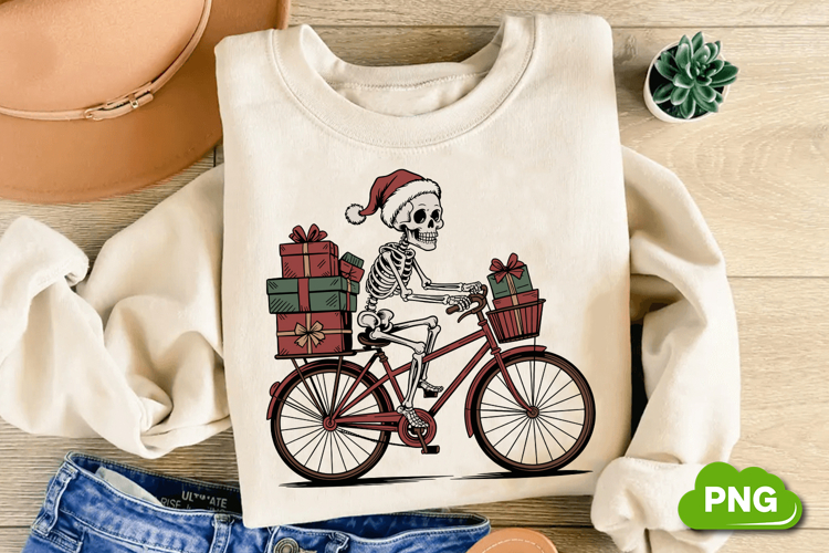 Christmas Skeleton Cycling PNG, Christmas Skeleton Clipart