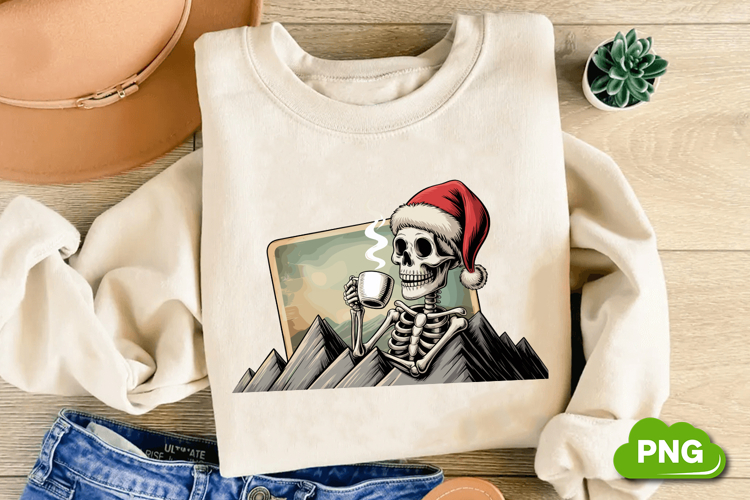 Christmas Skeleton Drinking Tea PNG, Christmas Skeleton PNG