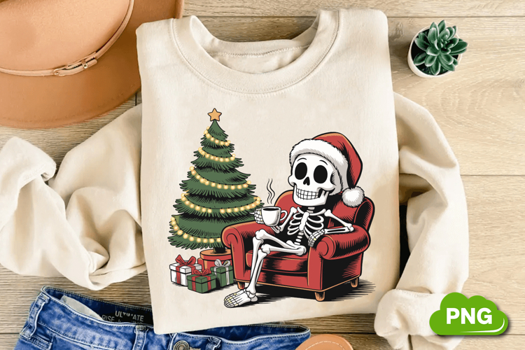 Christmas Skeleton Drinking Tea PNG, Christmas Skeleton