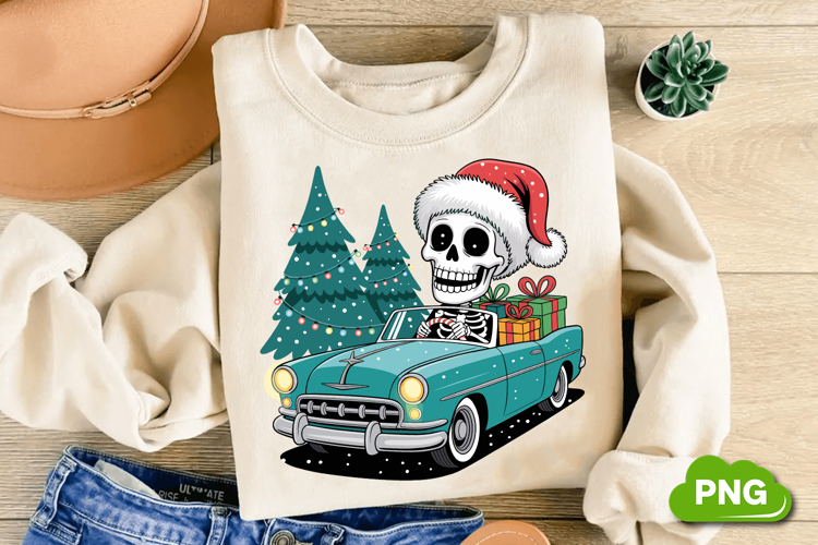 Christmas Skeleton Driving PNG, Christmas Skeleton Clipart
