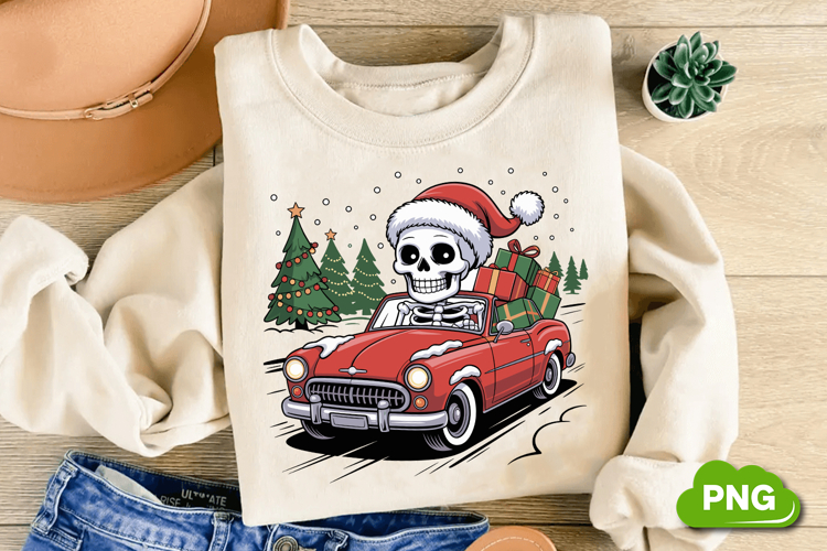 Christmas Skeleton Driving PNG, Christmas Clipart PNG