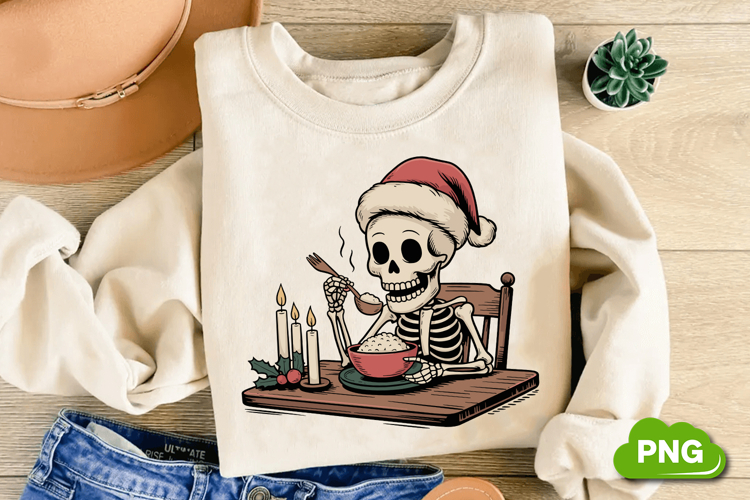 Christmas Skeleton Eating PNG, Christmas Skeleton Clipart