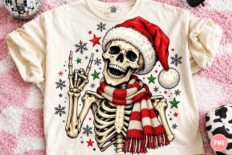 Funny Christmas Skeleton PNG | Santa Hat & Cozy Scarf Png example image 1