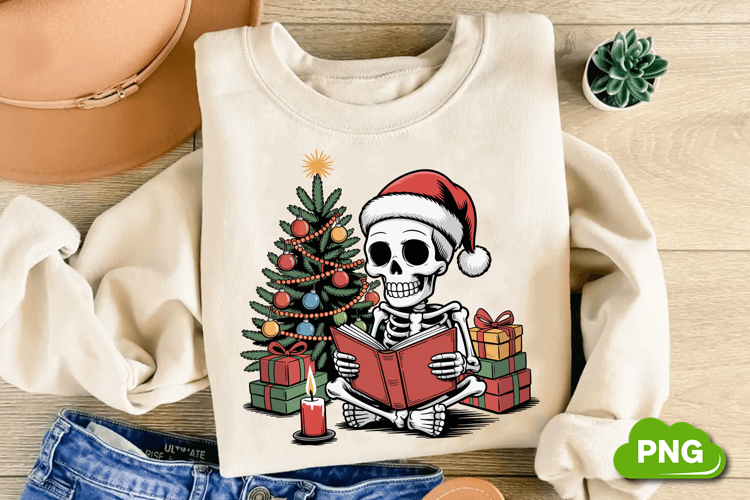 Christmas Skeleton Reading PNG, Christmas Skeleton Clipart