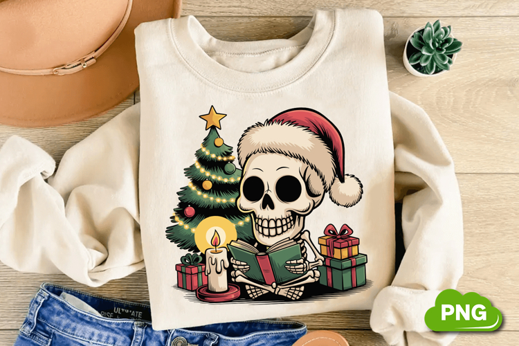 Christmas Skeleton Reading PNG, Christmas Skeleton PNG
