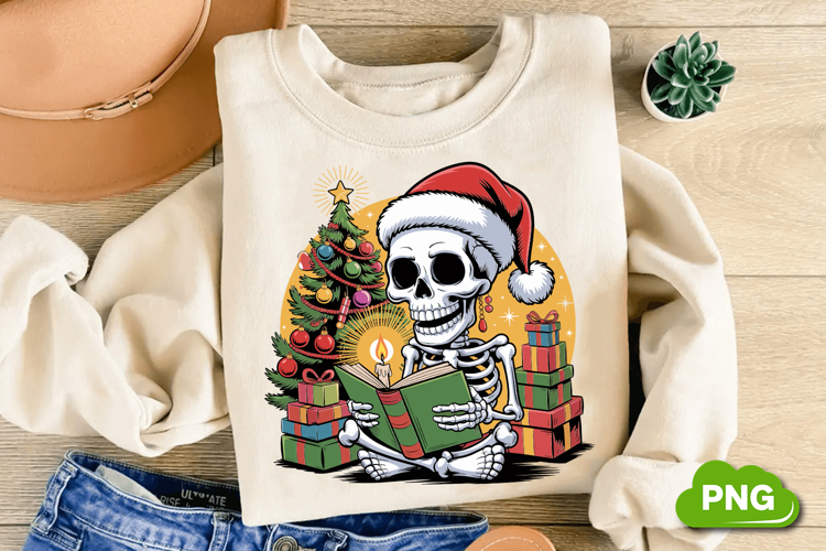 Christmas Skeleton Reading PNG, Skeleton Clipart PNG